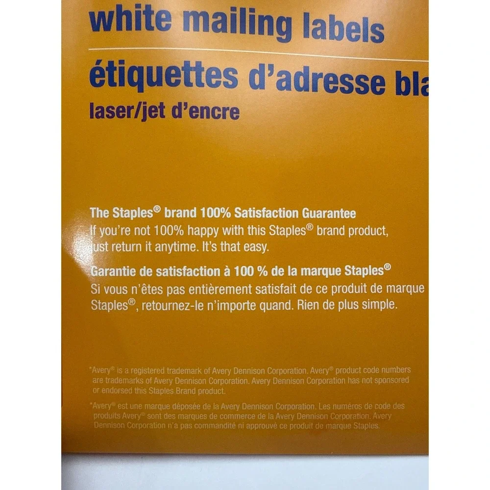 Staples White Mailing Labels Laser Inkjet 18054 1 x 2-5/8 750 Count 5160 8160